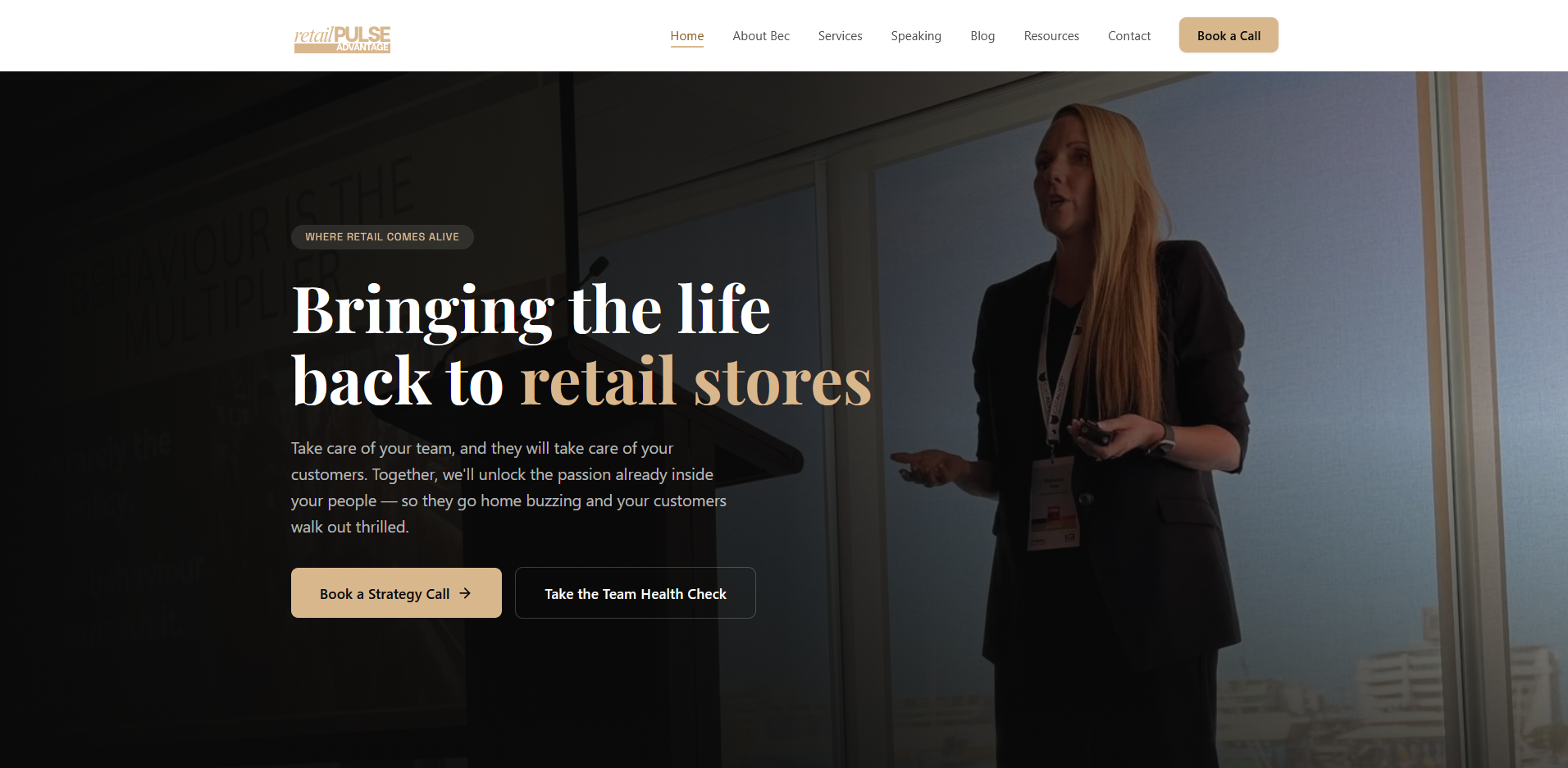 Retail Pulse Advantage homepage redesign — hero reads "Bringing the life back to retail stores" with Book a Strategy Call and Team Health Check CTAs